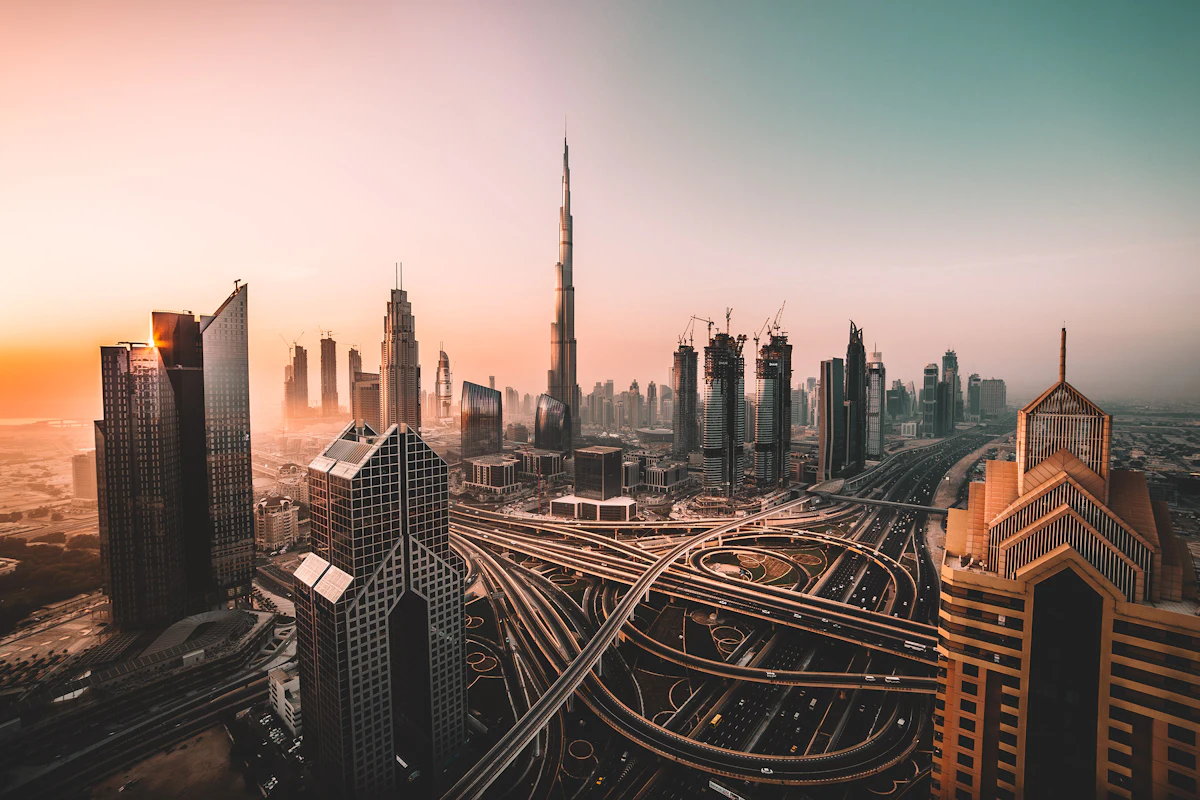City skyline at sunset